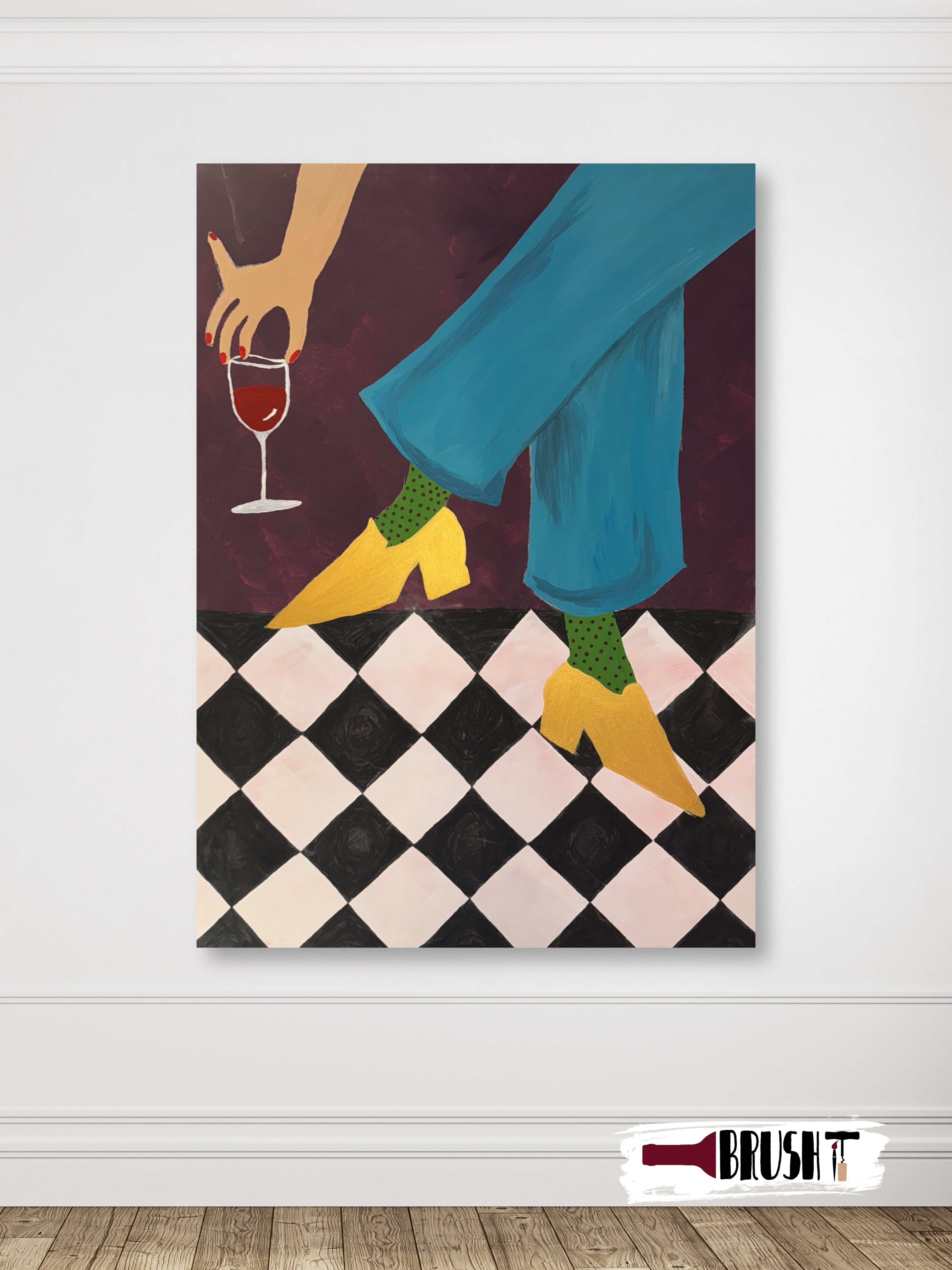 An original 120x90 cm modern pop art painting of a woman's hand holding a glass of red wine, featuring vibrant teal trousers, pointed gold metallic heels, and green polka-dot socks on a black and white checkered floor against a deep plum background.