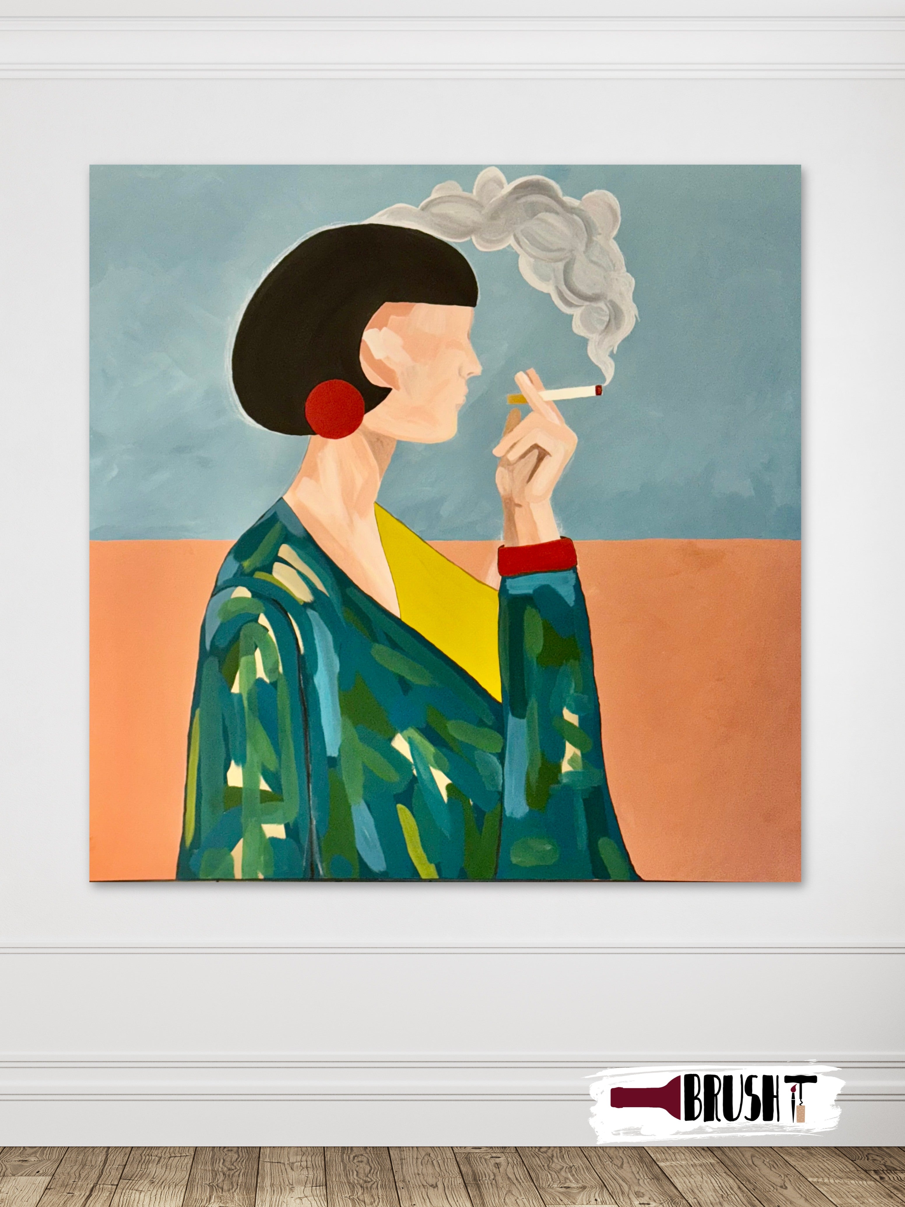 Contemporary acrylic painting of an elegant faceless woman smoking with red earrings and minimalist fashion-inspired styling