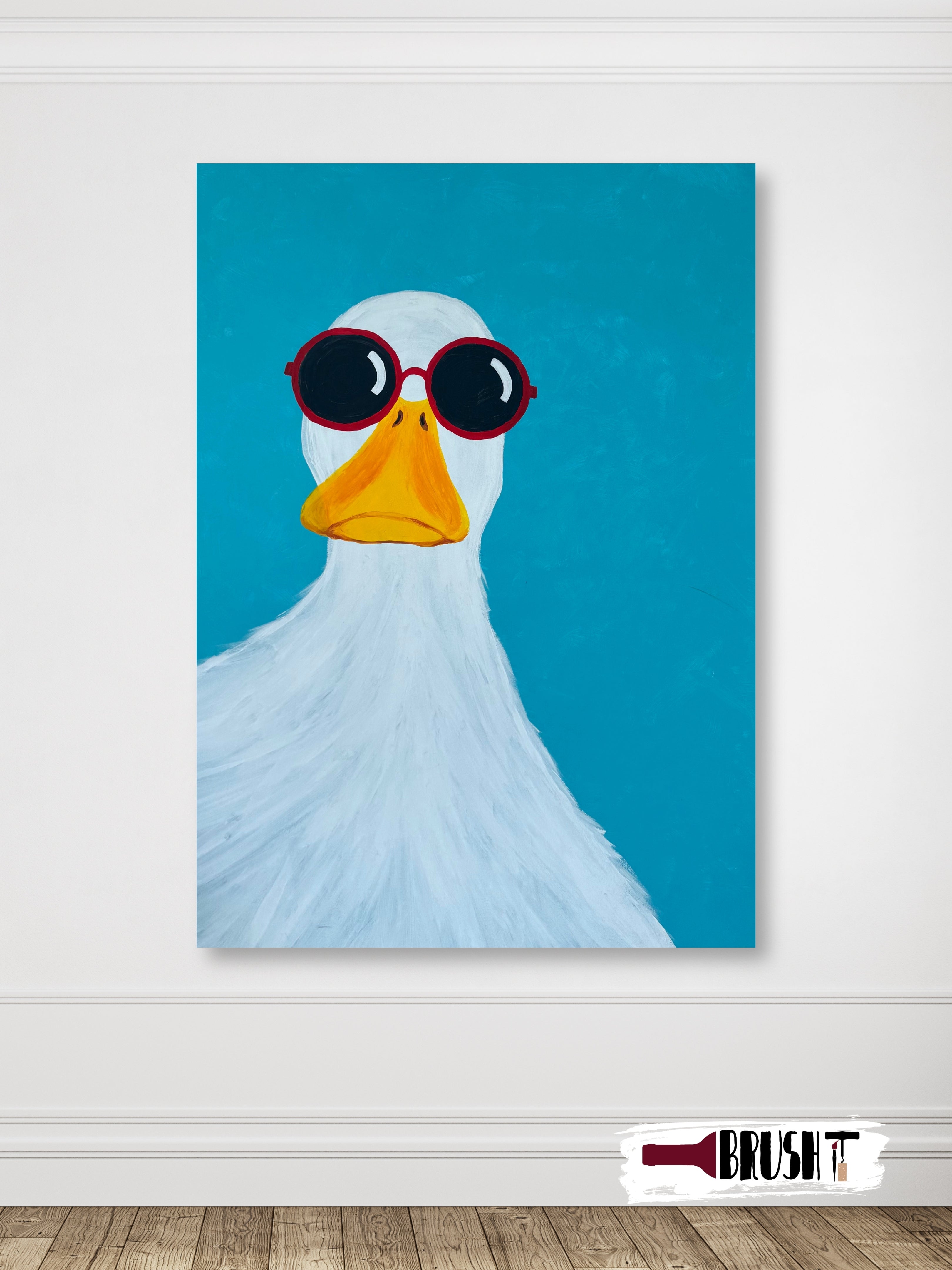 Contemporary pop art acrylic painting of a white duck wearing red sunglasses on a turquoise background