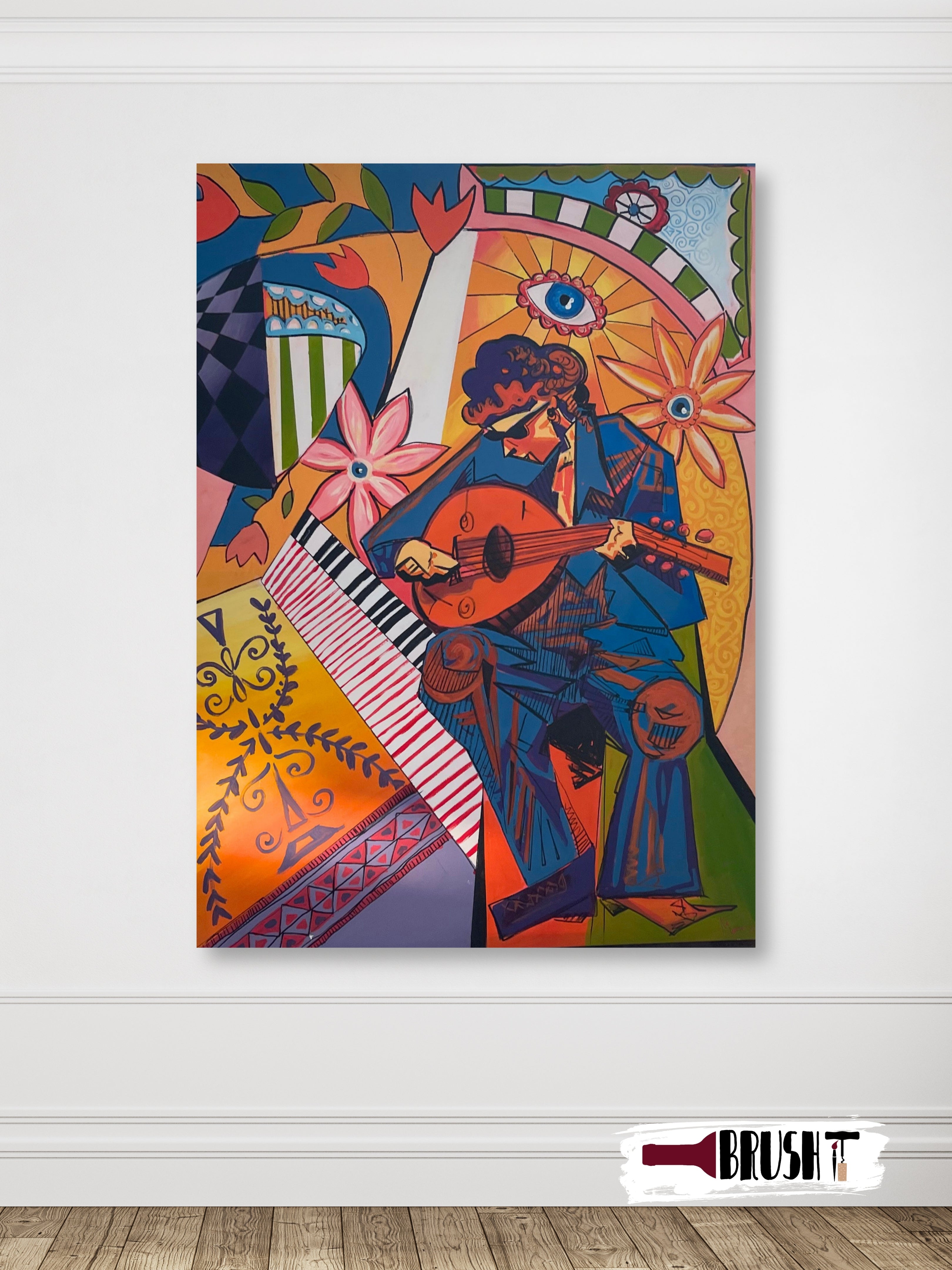 Contemporary acrylic painting of a man playing the oud in vibrant cubist style