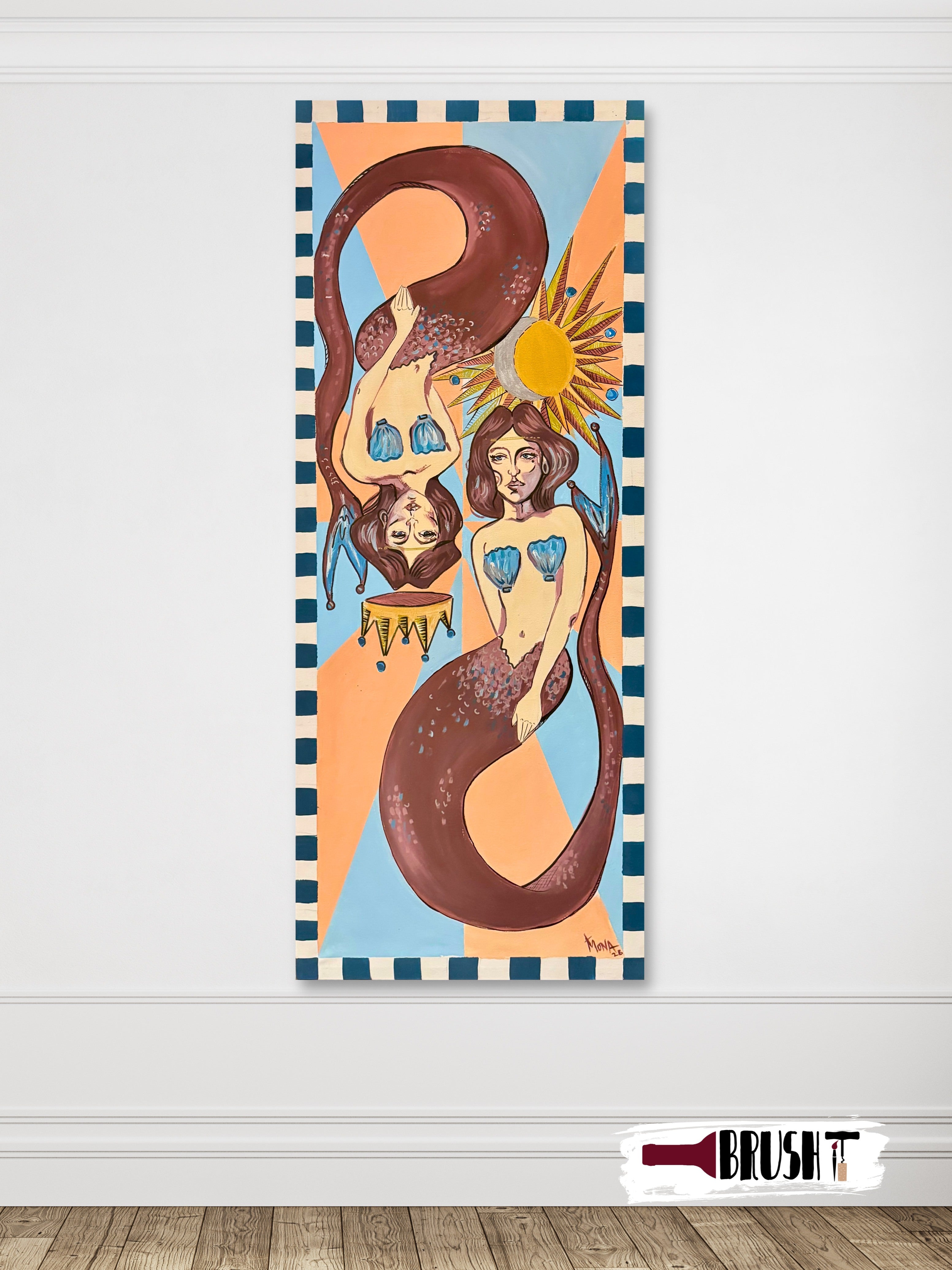 An original 150x60 cm vertical matte acrylic painting titled "Sisters of the Sea," featuring a symmetrical, playing-card style mirror design of two sirens framed by a bold blue and white striped border.